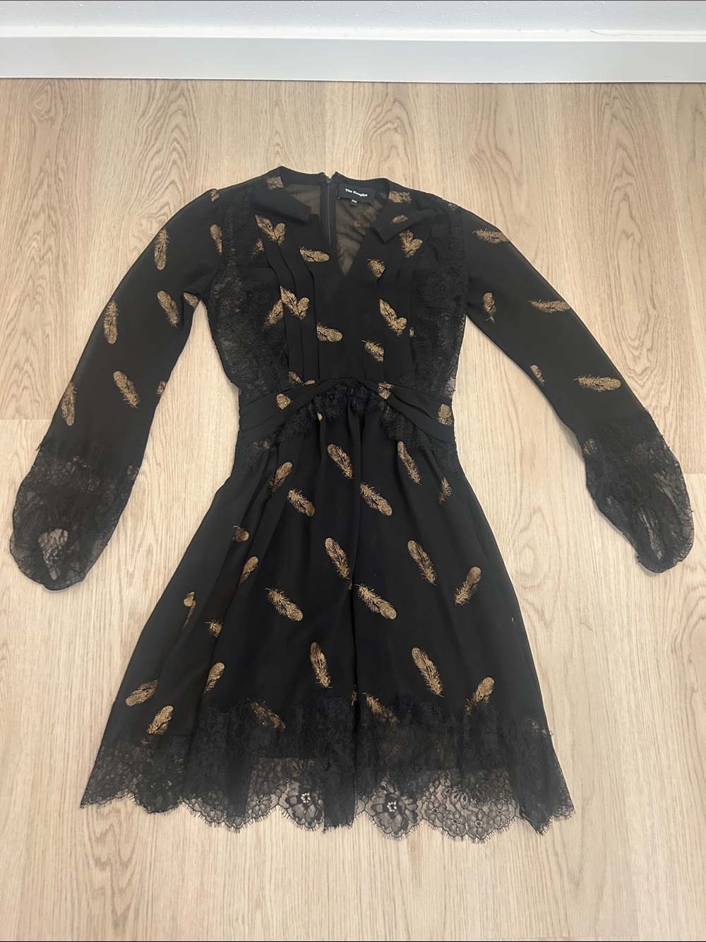 The Kooples Black Sheer with Gold Feather Print Mini Dress size XXS